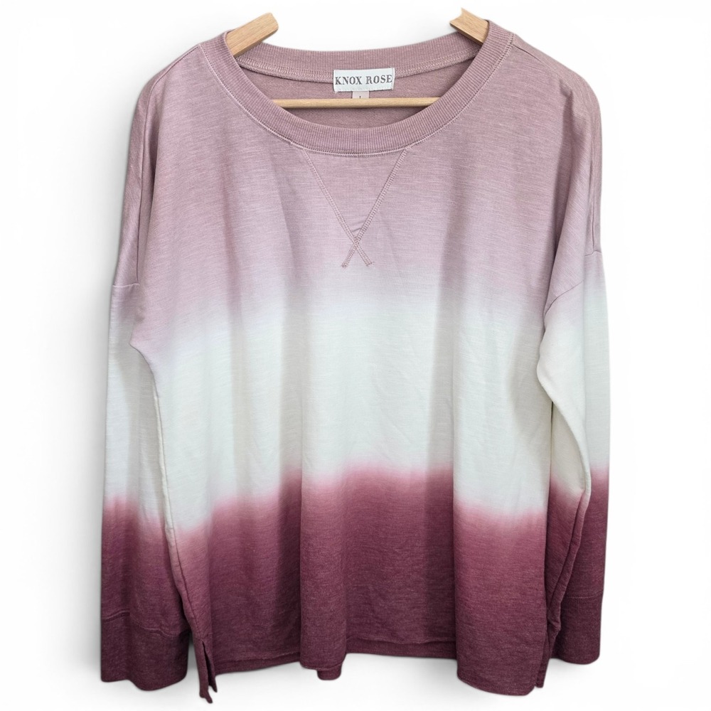 Knox Rose Top Womens Large Pink Ombre Crew Neck Pullover Casual Knit Long Sleeve